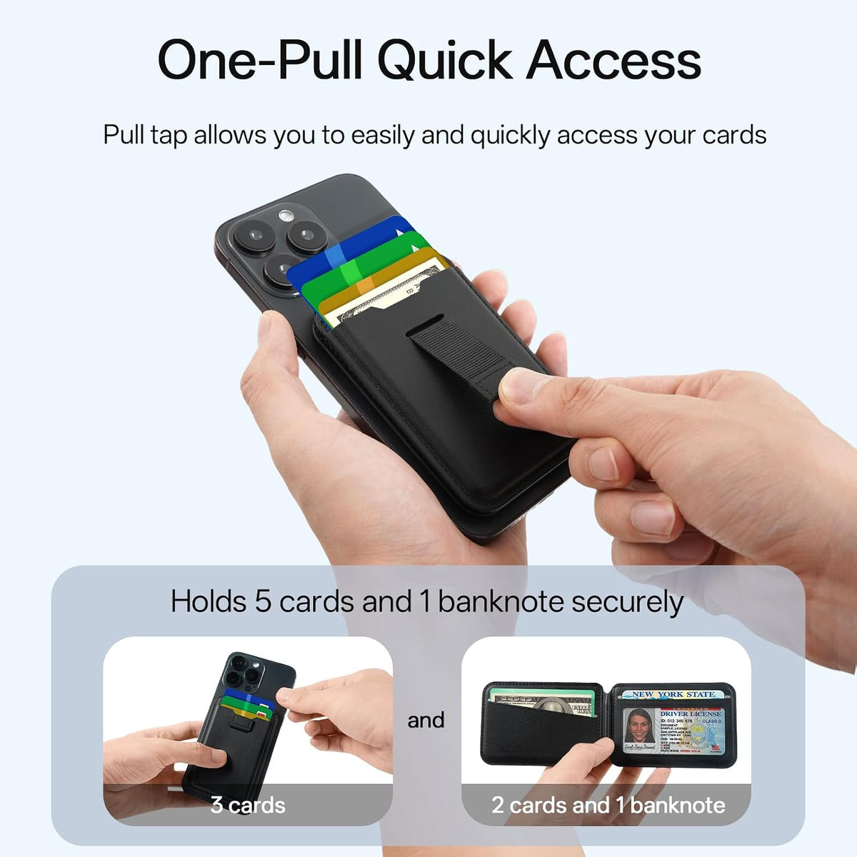 For Magsafe Wallet, 5-Card Holder, RFID Blocking, Magnetic Wallet for Iphone 17 with Adjustable Stand, Pull Tab Vegan Leather Phone Wallet, for Iphone 16/15/14/13/12 Series, Not for 13/12 Mini, Black